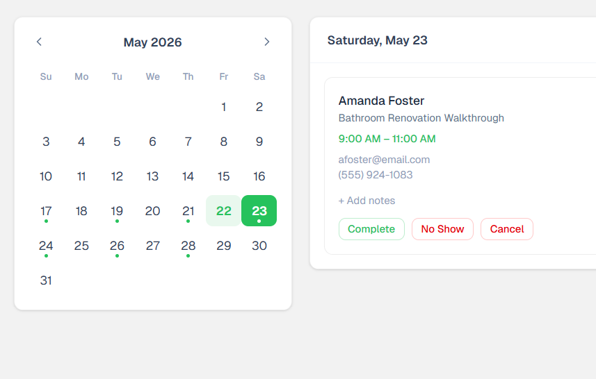NetSculpt booking calendar showing a scheduled appointment with customer details